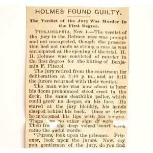 1895 H.H. Holmes Verdict Guilty Worlds Fair Serial Killer Article Victorian F13J